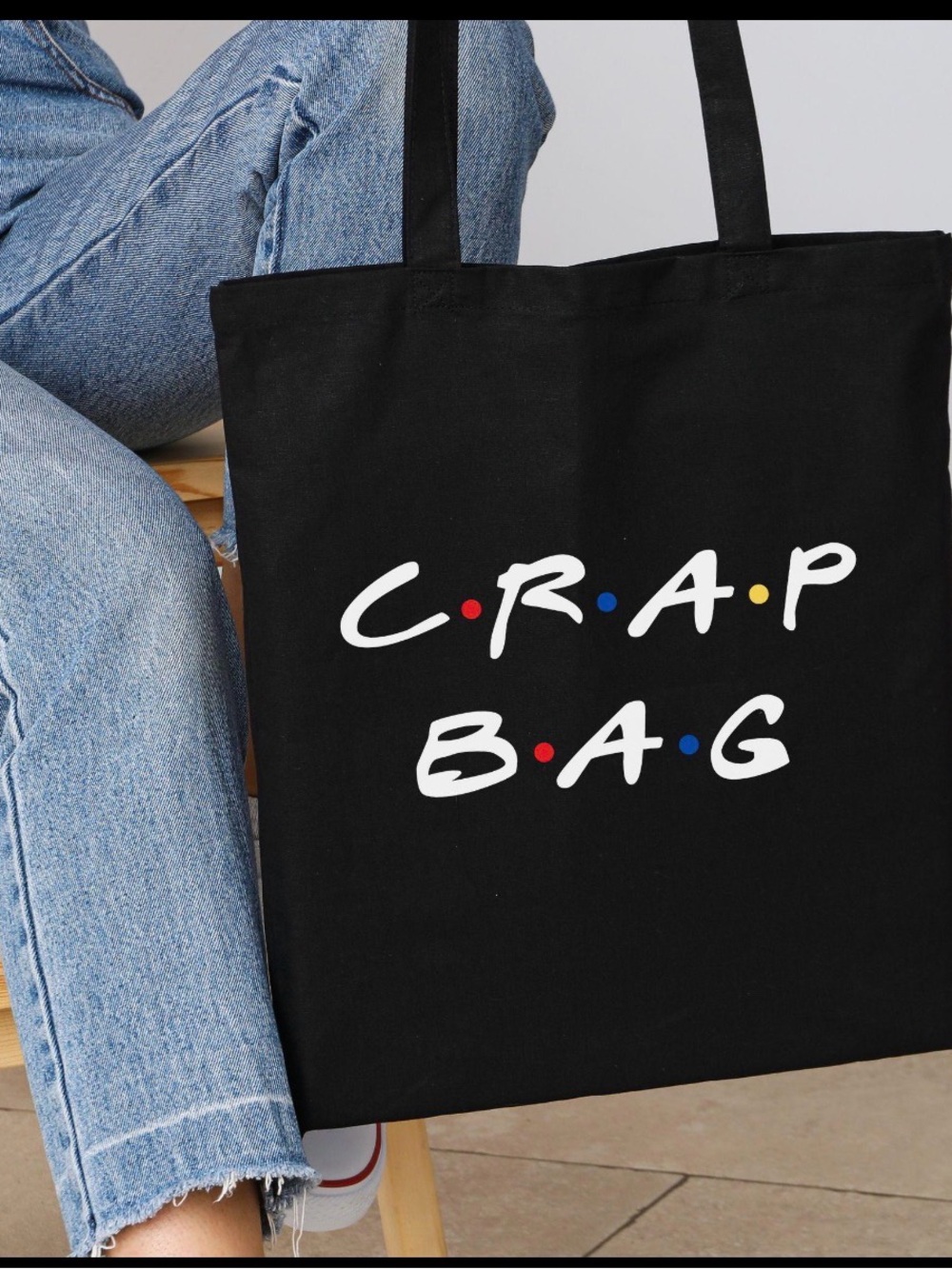 Black Canvas Tote with White Script "C.R.A.P BAG"